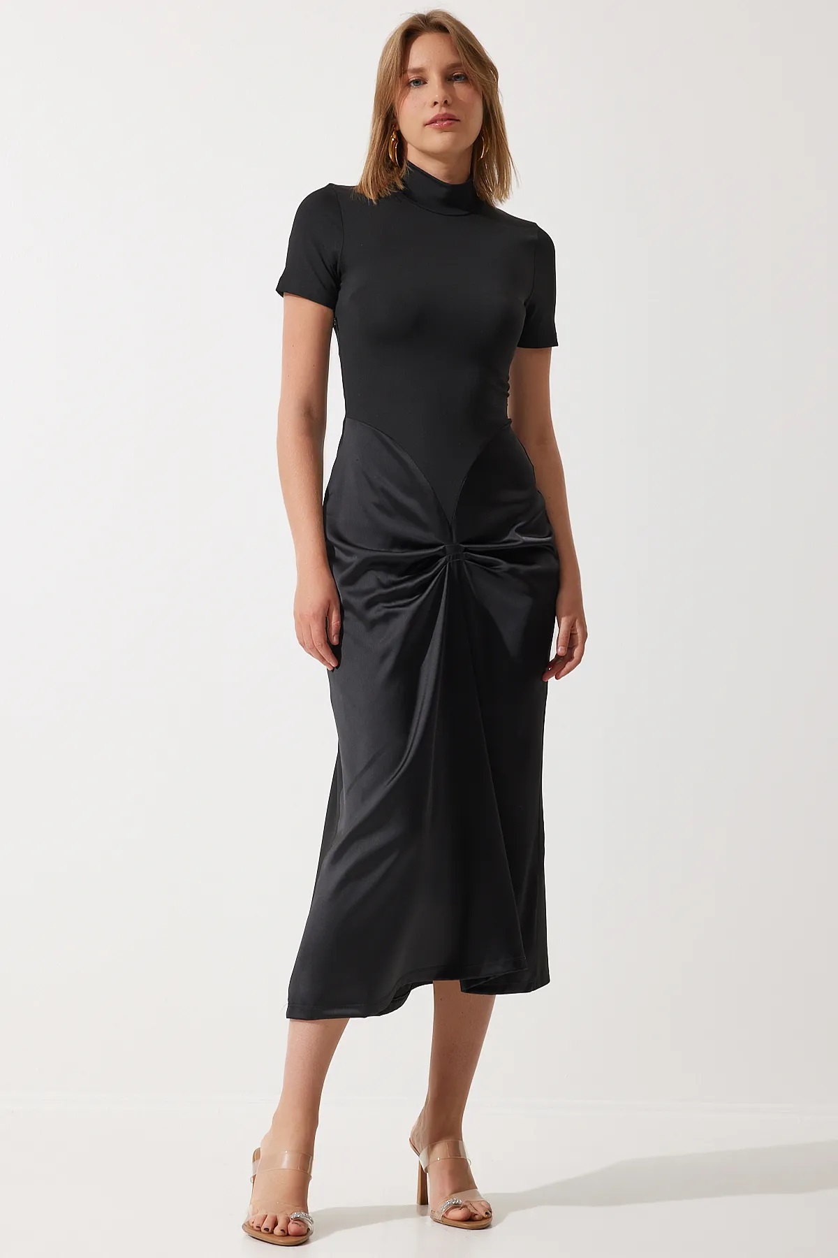 Black Pleated Satin Dress