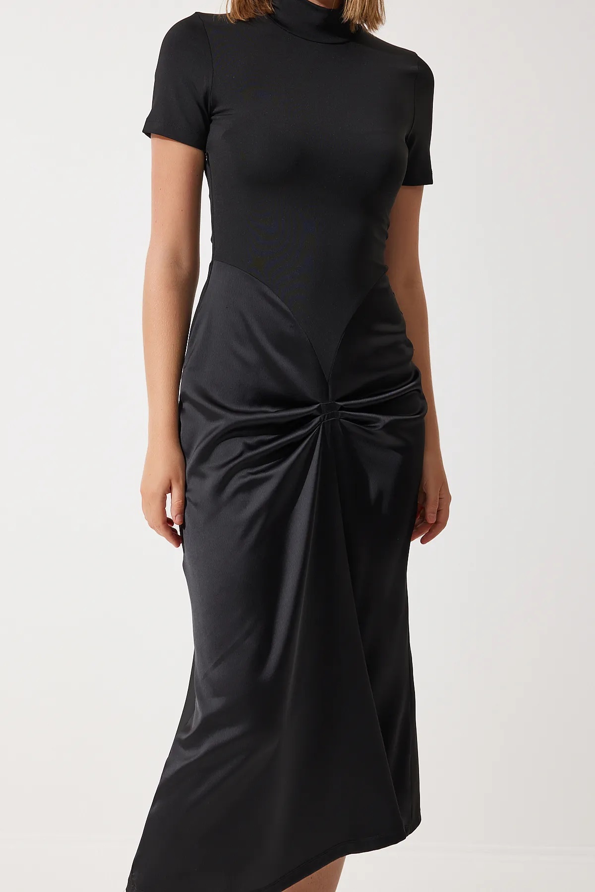 Black Pleated Satin Dress - Image 2
